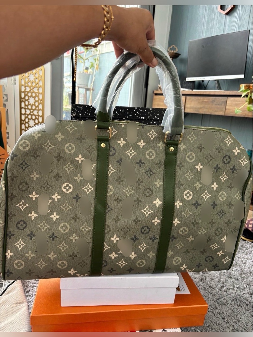 Olive Green Monogram Travel Tote with Dark Green Trim